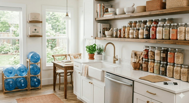 A bright, organized kitchen with labeled glass jars on open shelving and emergency water storage.