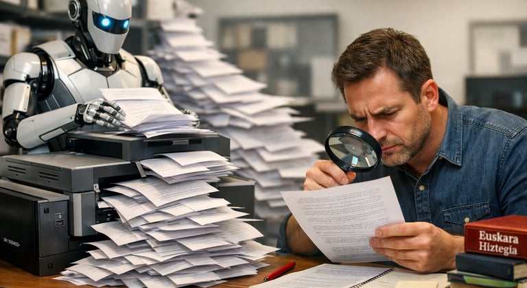 Robot imprimiendo muchas traducciones rápidamente mientras un traductor humano revisa un texto en eu