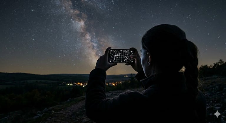 femme regarde iPhone application pour découvrir constellation la nuit