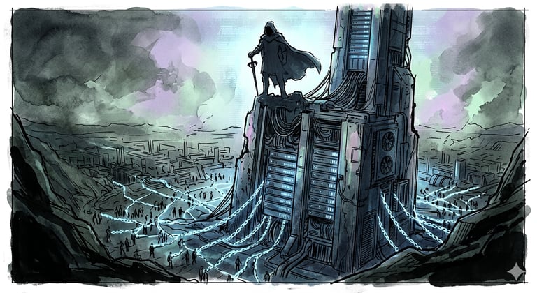 Señor feudal digital sobre torres de servidores observando trabajadores conectados por cadenas de datos invisibles.