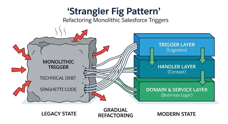 Diagram showing the Strangler Fig Pattern: refactoring a monolithic Salesforce trigger from a legacy