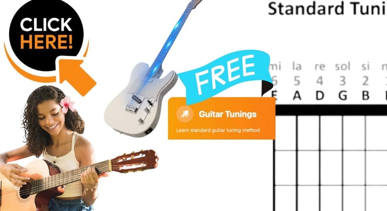 Girl playing acoustic guitar with standard guitar tuning chart and free lesson graphics.