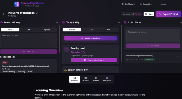 Image of dashboard in CourseClip Studio with clarity, AI and UDL drop down tabs.