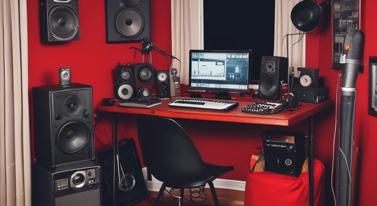 A modern music studio with vibrant red and blue lighting, featuring a large mixing console with a digital display showing the logo 'MMP'. Studio monitors and electronic equipment are visible around the console.