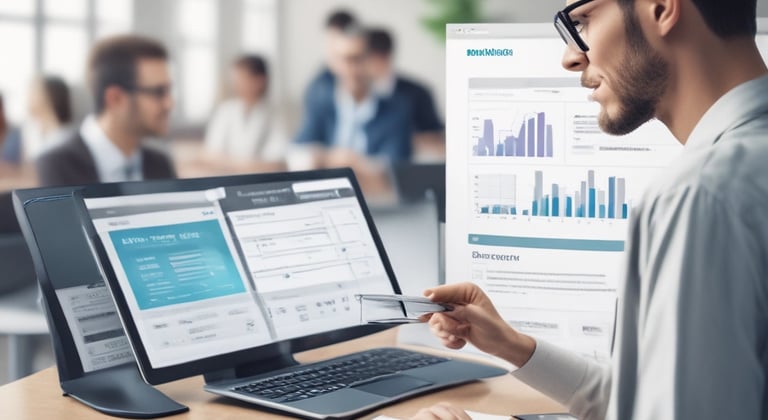 A business owner reviewing sales data on a tablet in a cozy office.