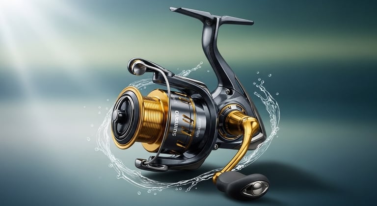 molinete shimano prata escuro com rotor dourado agua batendo na frente