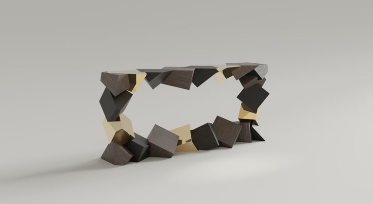 Console Pyrite en noyer et laiton poli, cubes imbriqués et tronqués