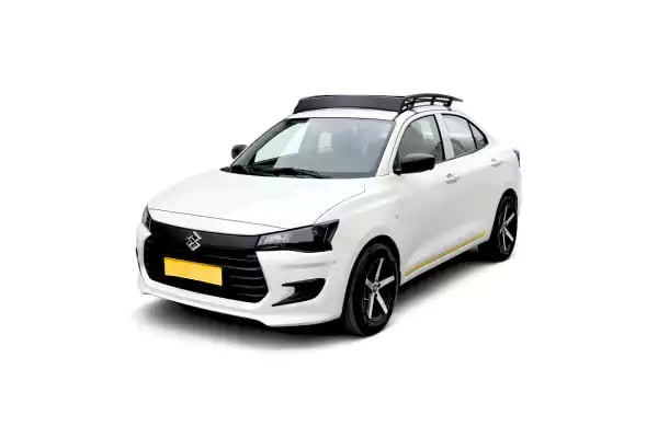 White Maruti Dzire one way taxi by Saini taxi services with a luggage carrier rack