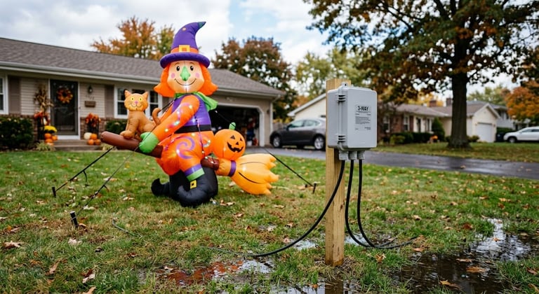 An inflatable yard display with cord boxes elevated on stakes, away from puddles.