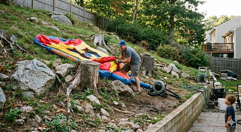 backyard with rocks, stumps, steep slope with parent trying to setup a bounce house