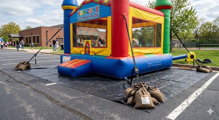 Bounce house anchored on reinforced tarp on pavement with sandbags