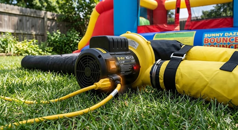 Bounce house blower connected to power outlet during troubleshooting inspection.