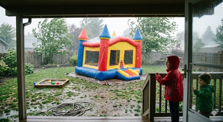bounce house in heavy winds and rain in backyard with kids looking at it from porch
