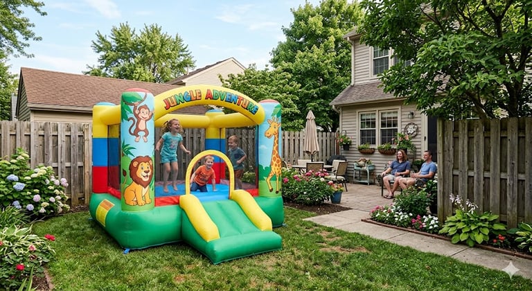 bounce house in small backyard
