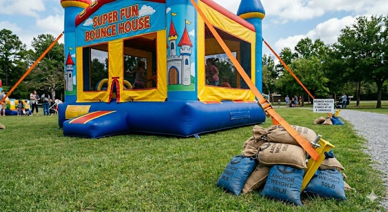 bounce house tethered with stakes and sandbags