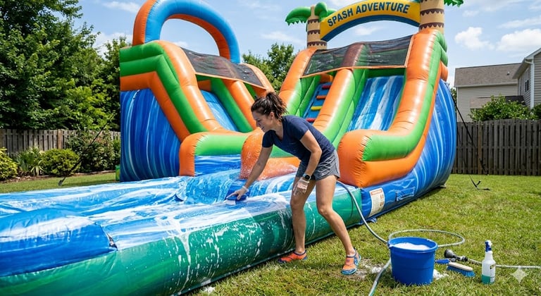 woman cleaning inflatable slide