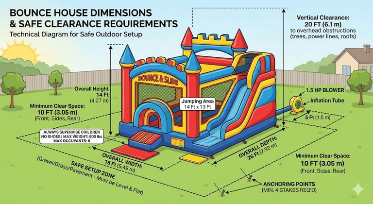 Diagram showing bounce house dimensions and clearance requirements