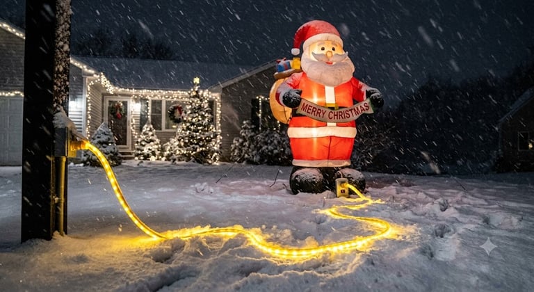 golden glowing outdoor extension cord in snow plugged into inflatable Santa in snowstorm