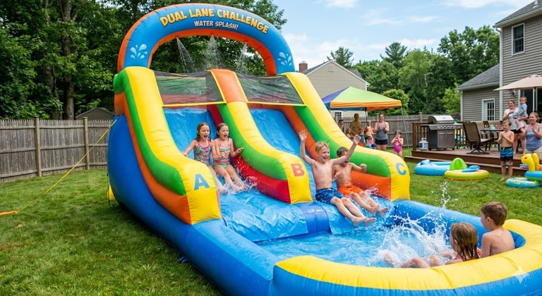 kids racing down a dual‑lane inflatable water slide in a backyard