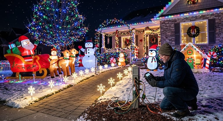 Large outdoor holiday display featuring multiple inflatables, LED lights, pathway lighting, and a ho