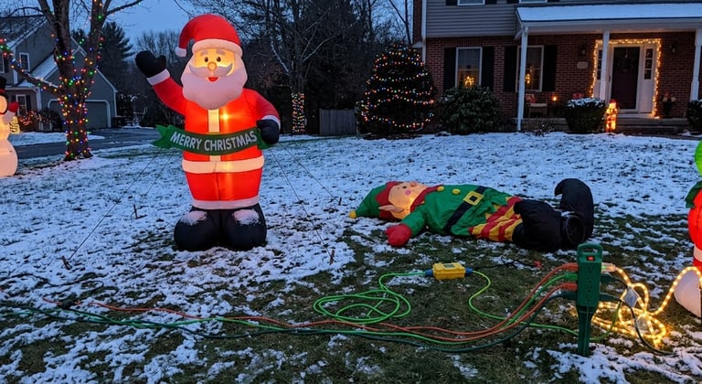 Large outdoor holiday display showing multiple inflatables,and one failed inflatable beside a proper