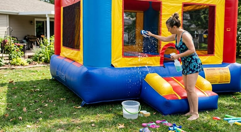 mom cleaning bounce house