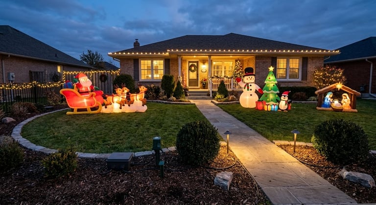 A beautifully organized front yard featuring multiple Christmas inflatables,