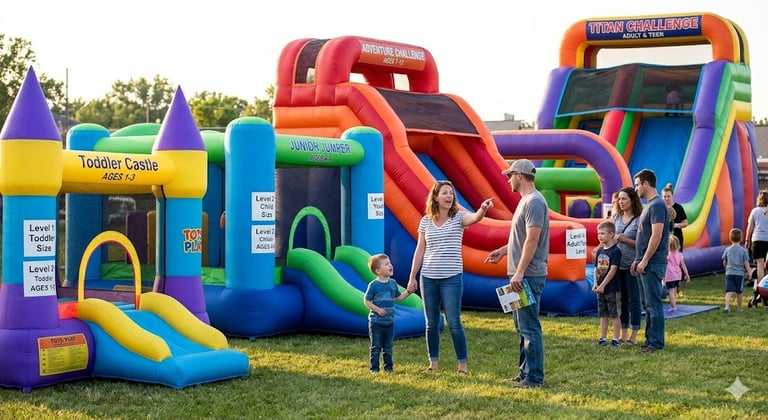 Parents comparing different age levels for bounce houses