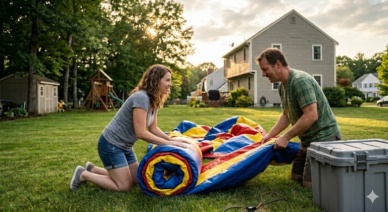 parents folding and rolling inflatable bounce house for storage