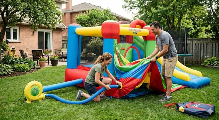 parents setting up bounce house in backyard