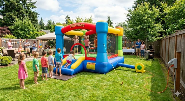 Safe bounce house power setup with blower, extension cord, and GFCI outlet outdoors
