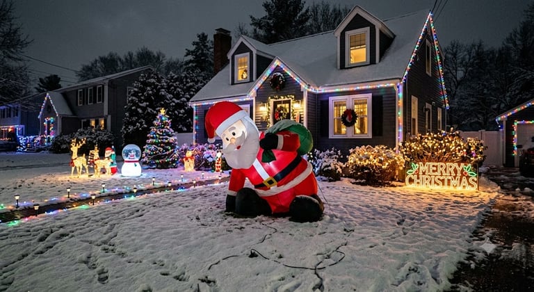 Santa inflatable display that is only 3/4 inflated in a front yard with other Christmas lights and d