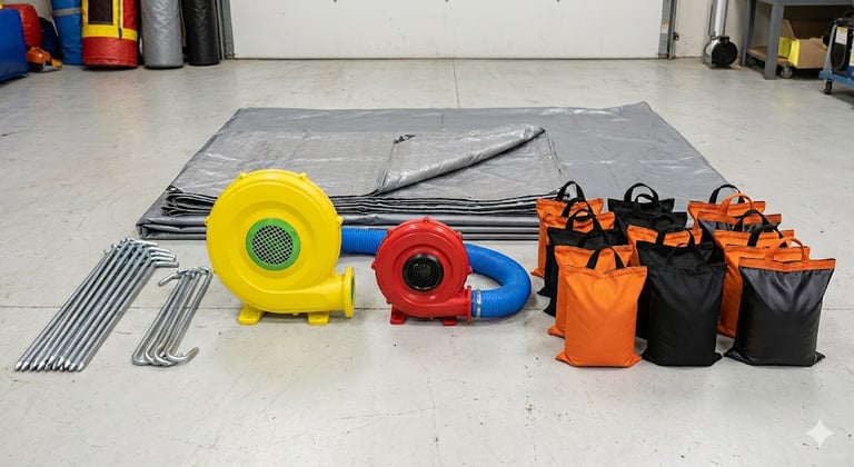 stakes, sandbags, blowers, and tarps for bounce houses