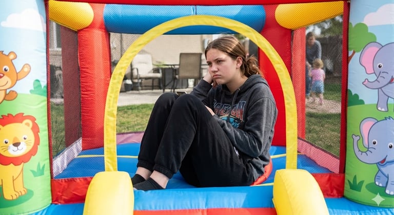 teenage girl playing in toddler size bounce house, looking bored