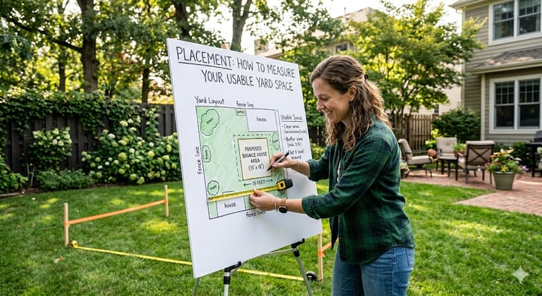 Woman creating diagram to fit bounce house in yard