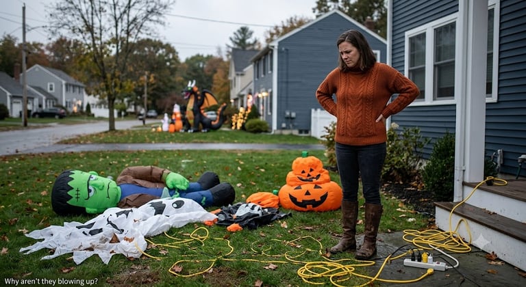 woman standing in front yard wondering why multiple halloween decorations are not inflating