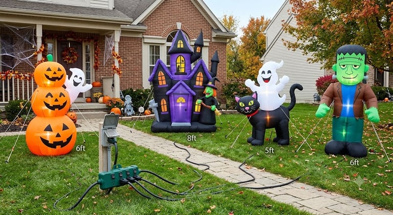 x4 Halloween inflatable displays plugged into one outlet using an adapter
