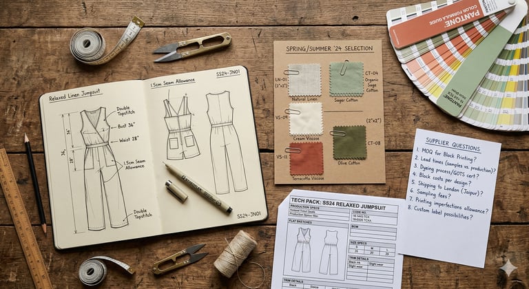 Private label clothing brand startup tools — tech pack, fabric swatches and design brief for low MOQ manufacturer India