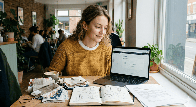 Fashion startup founder researching clothing manufacturers for new brand launch