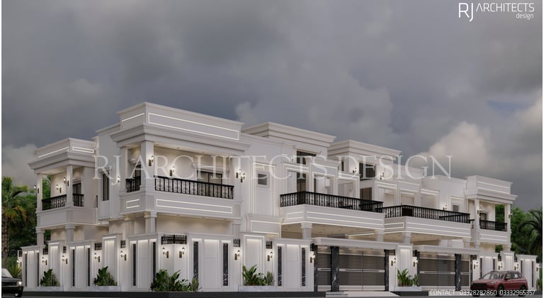 Modern white villa 3D rendering with black railings and lighting accents