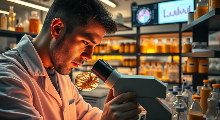 A researcher examines a magnified sample of licorice root under a high-powered microscope