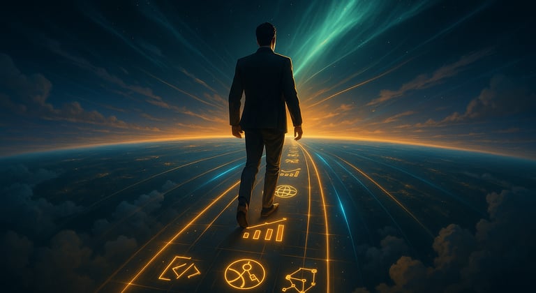 Futuristic dashboard displaying HBI Ecosystem’s core platforms: trade, AI, blockchain, and digital tools