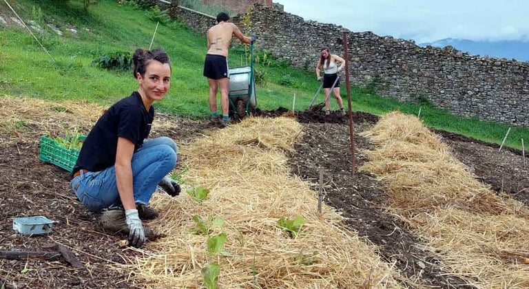 woman smiling at camera while crouching in garden workers in background