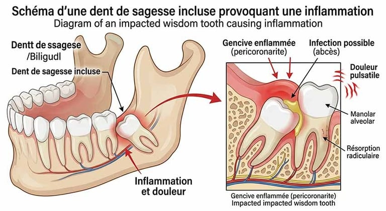 Schéma d'une dent de sagesse incluse provoquant une inflammation