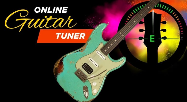 Online guitar tuner graphic featuring a relic green electric guitar and a digital tuning interface.