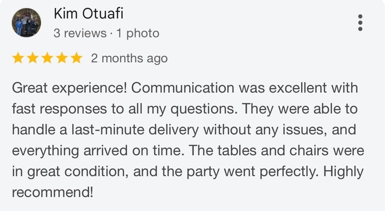 5 star review for party rentals in Las Vegas