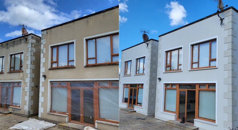 Before and after professional exterior house painting showing a refreshed white facade with clean trim.