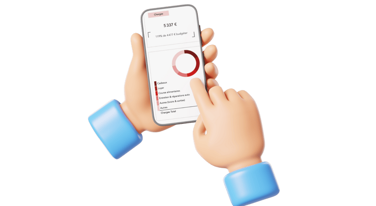 une main 3D tenant un iPhone présentant un outil de gestion des finances personnelles