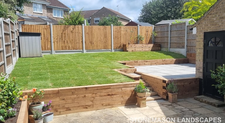 Sleeper Retaining Walls, Planters & Steps With Grey Sandstone Patio & Lawn