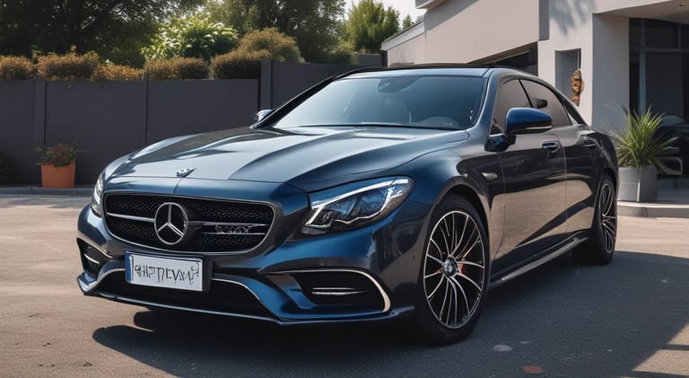 A professional influencer filming a sleek luxury car in an urban setting at sunset.